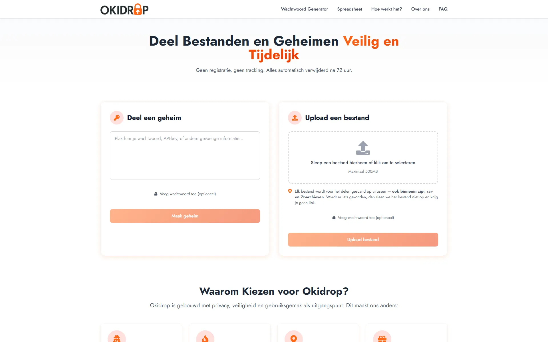 Okidrop — Bestanden en wachtwoorden delen via een link die zichzelf opruimt